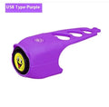 Bicycle electronic horn with plastic casing in multiple colours including black, green, purple on bicycle handlebars
