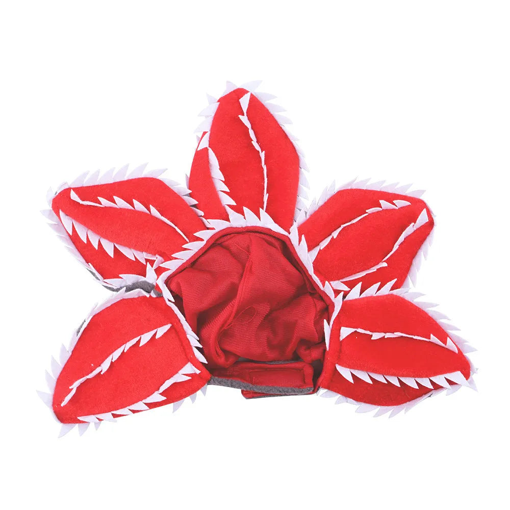Medium dog demon horn costume headband with black plastic horns and red flower for Halloween