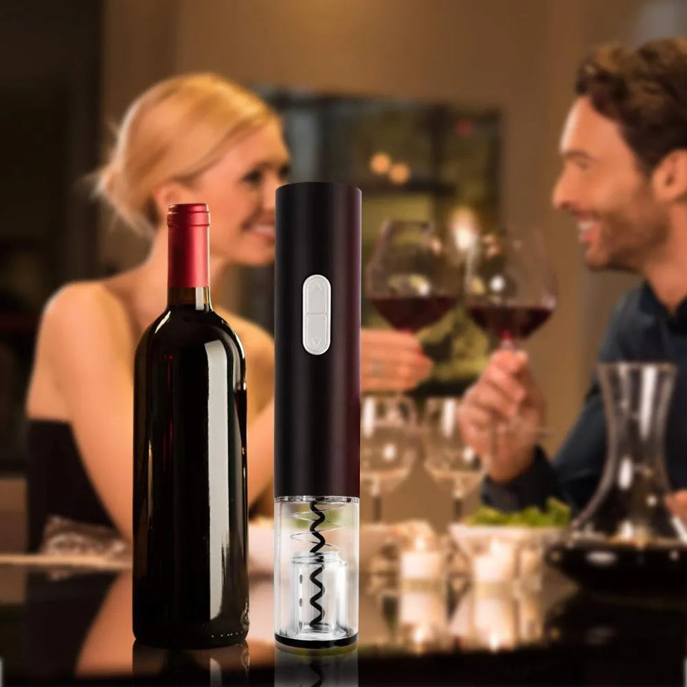Automatic electric wine bottle opener with foil cutter in black, red, or white plastic finish.