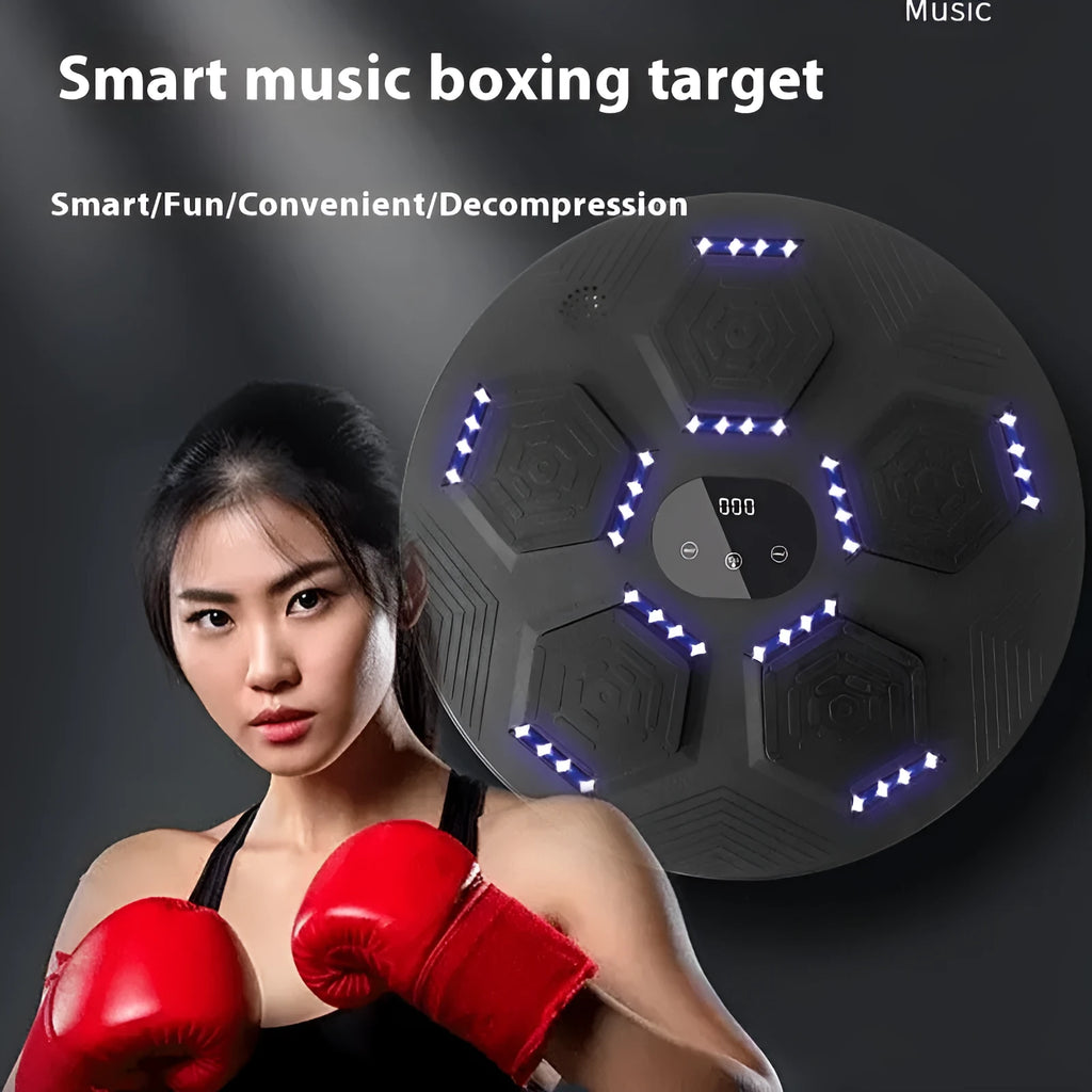 Smart music boxing reaction target mounted on wall with LED lights illuminated during training session