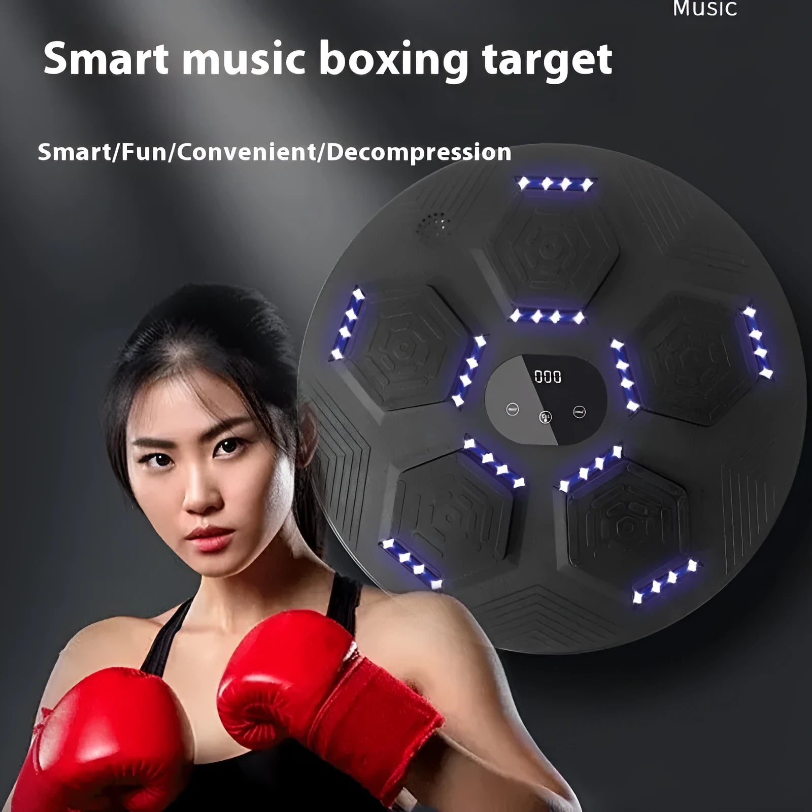 Smart music boxing reaction target mounted on wall with LED lights illuminated during training session
