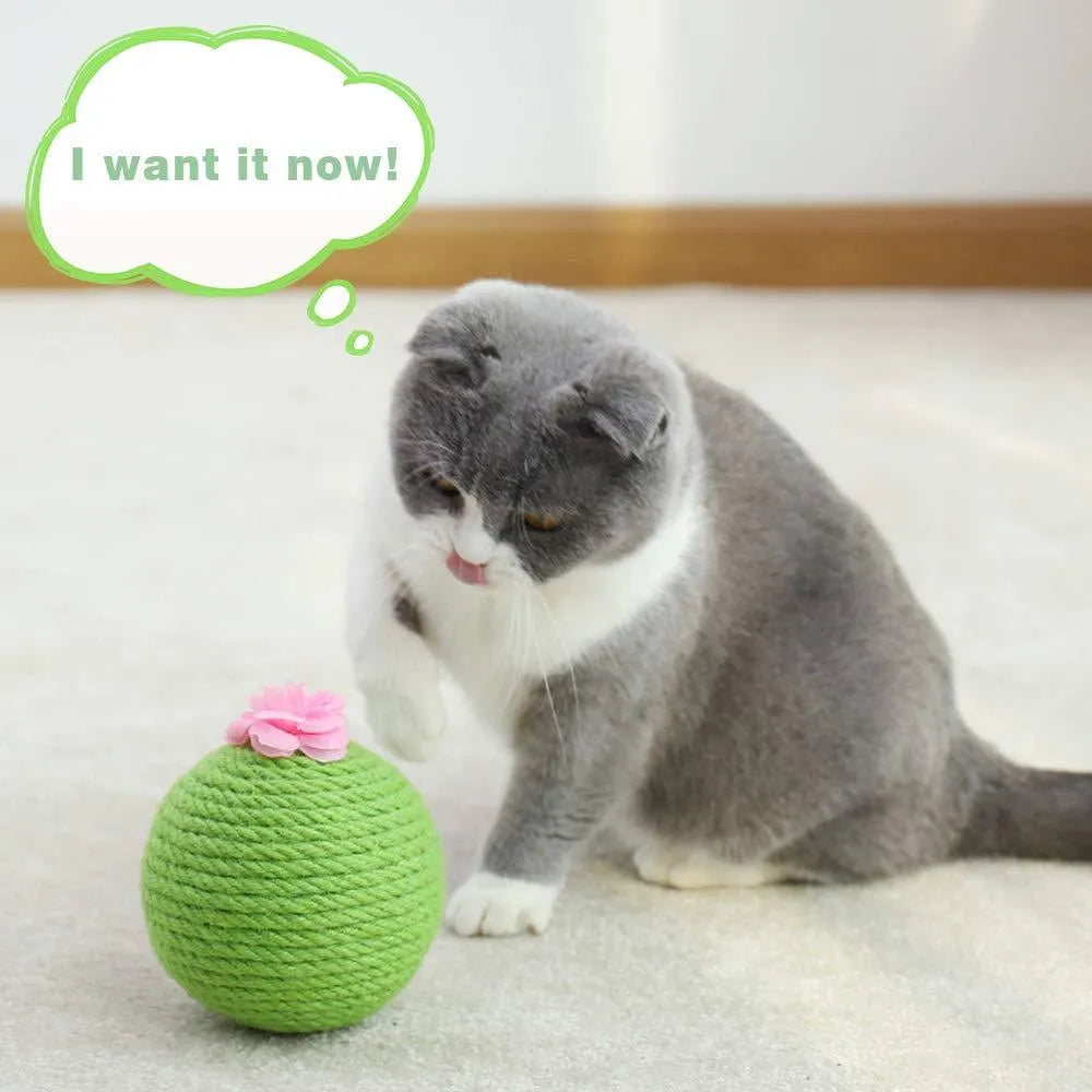 Green cactus-shaped cat activity tower with sisal scratching post and a tumbler ball catnip toy.