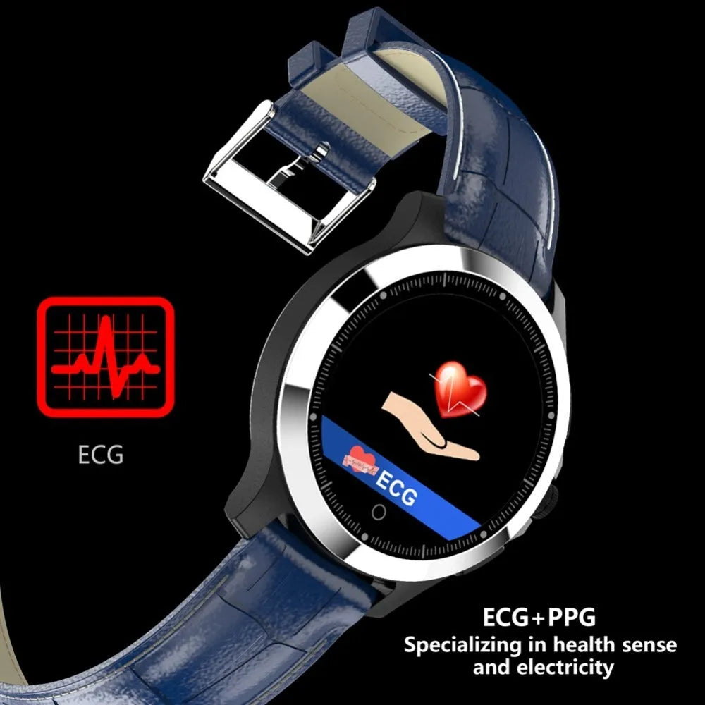 W8 ECG smart bracelet with stainless steel body and round colour screen showing cardiac monitoring data