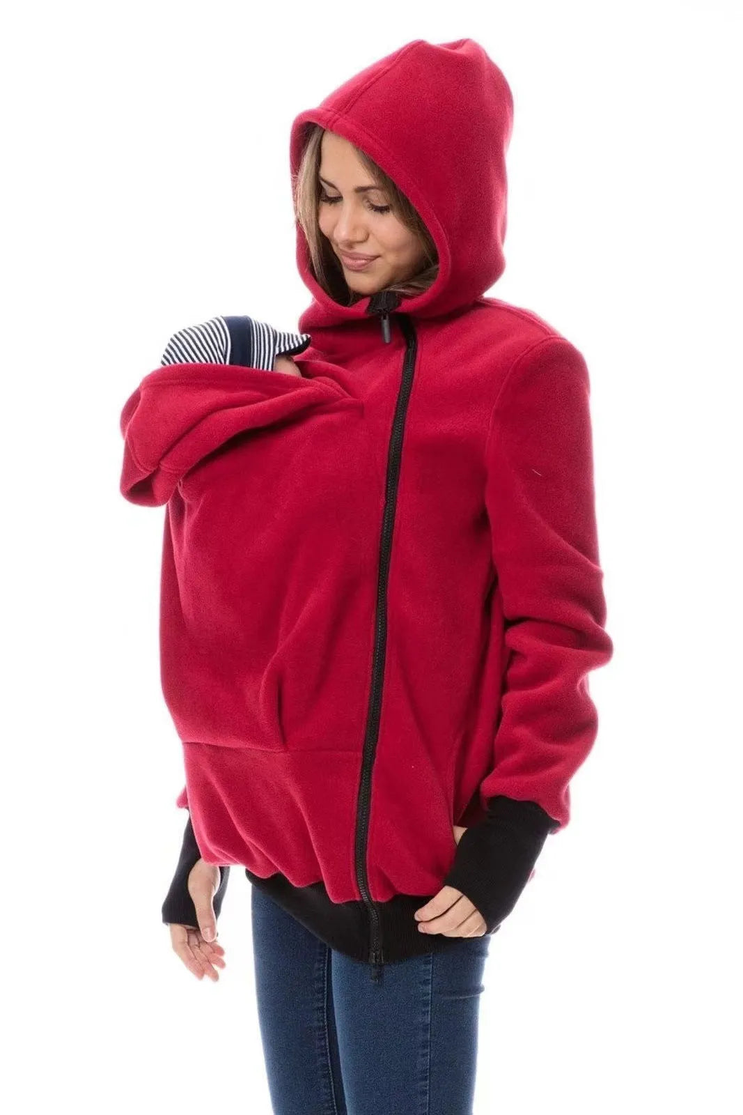 Red loose-fit polar fleece sweater for women with long sleeves, shown on a hanger.