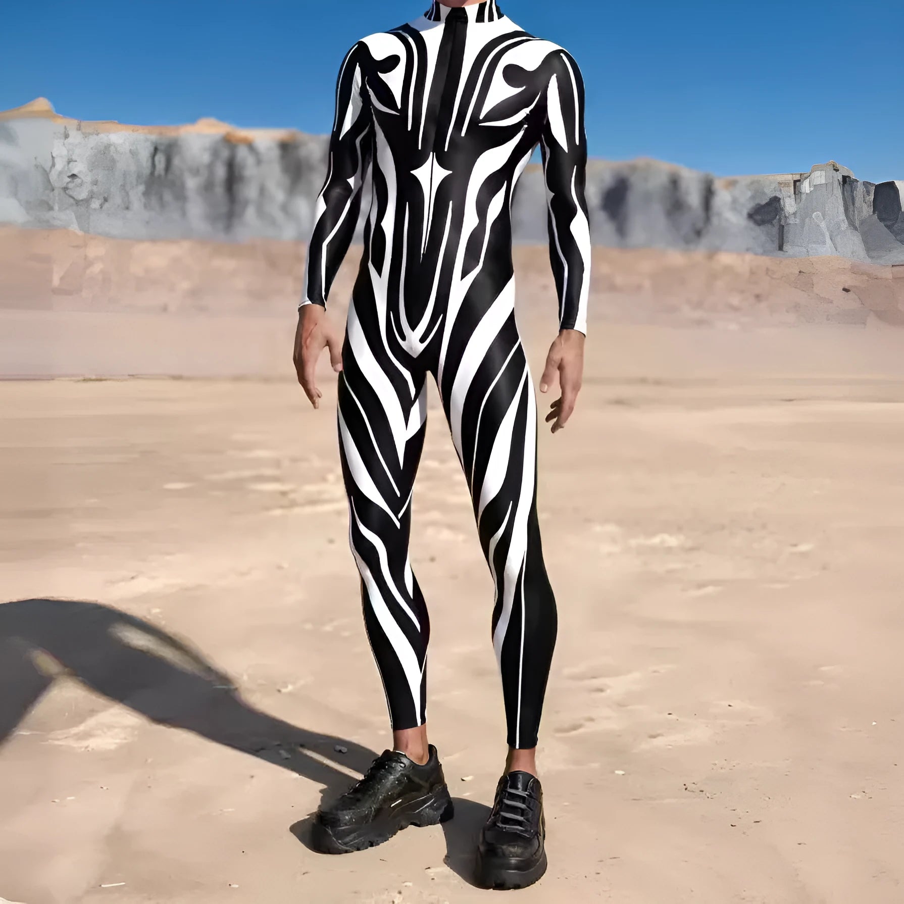3D digital print Halloween cosplay jumpsuit in street hipster style on a model, spandex blend one-piece costume