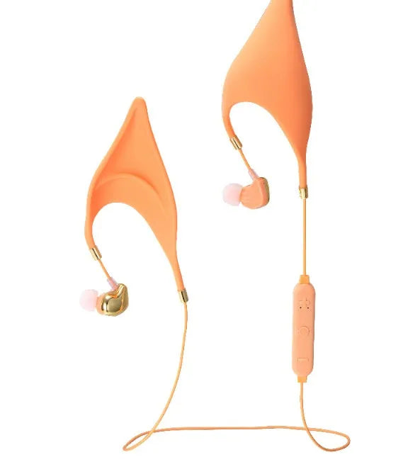 Cute black cartoon elf ear wired in-ear headphones with a built-in microphone and 3.5mm plug.