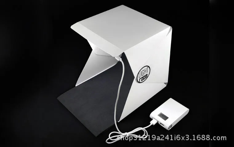 Portable folding LED studio mini light box with 22.6x23x24cm dimensions and 20cm light bar