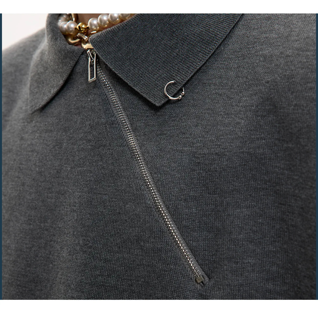 Man wearing a slim-fit grey knitted polo shirt with a diagonal oblique zipper and lapel collar.