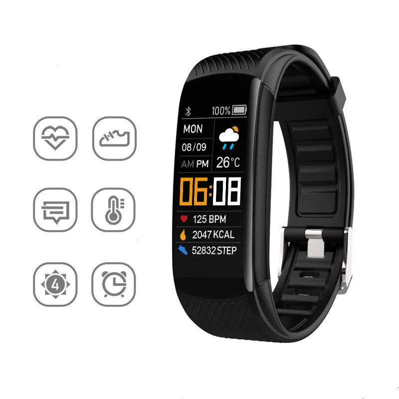 Adult sports silicone pedometer bracelet smart band with touchscreen on a wrist.
