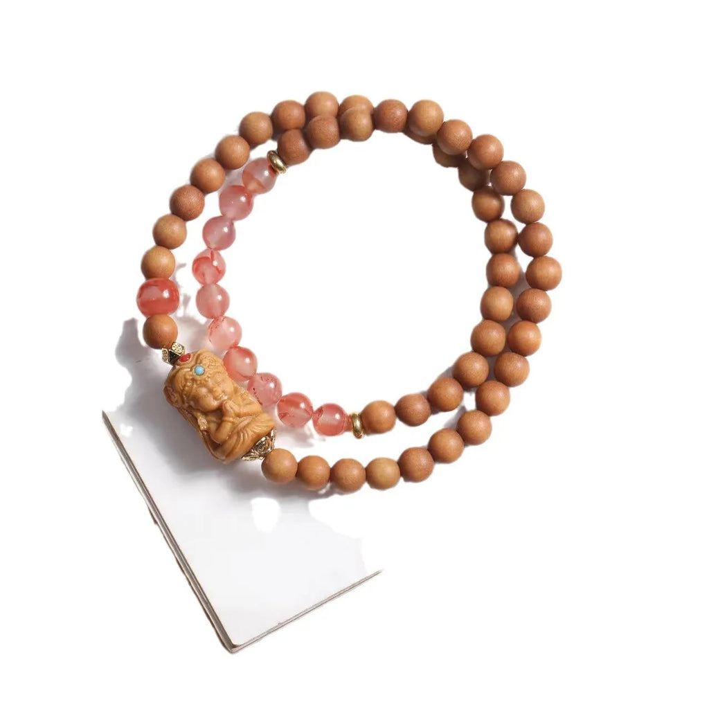 Brown wooden bracelet with South Red Zachilam pattern and double circle design on 6mm beads
