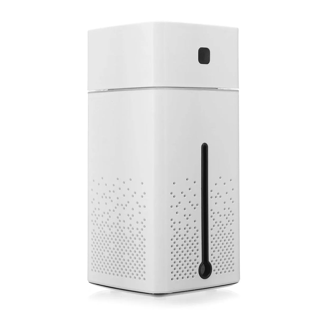 Black and white compact desktop humidifier with USB cable and 1000ml water tank.