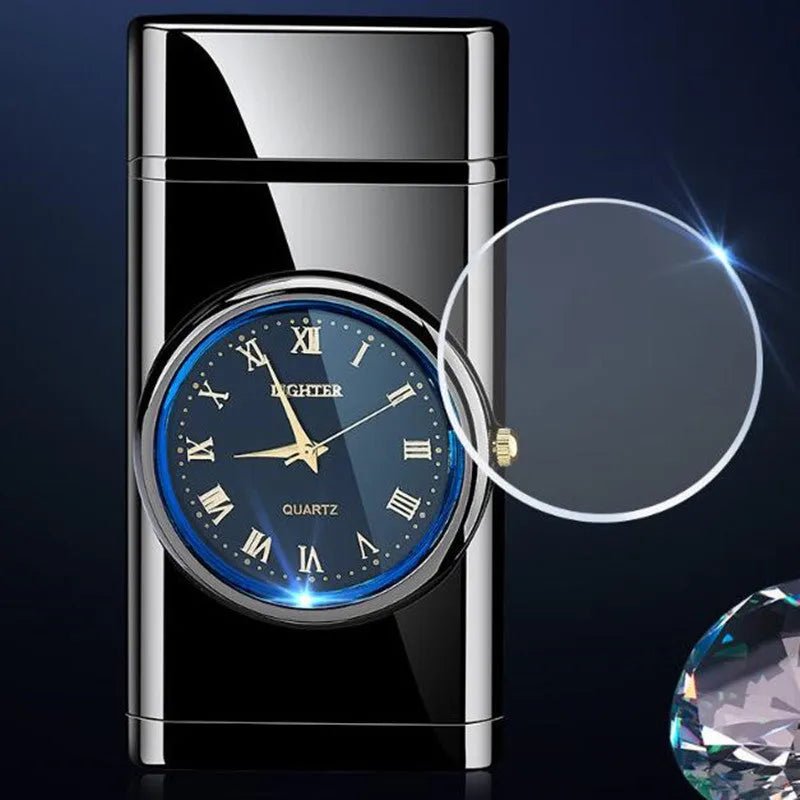 Multifunctional metal electronic watch lighter with LED flash light in various brushed and textured finishes.