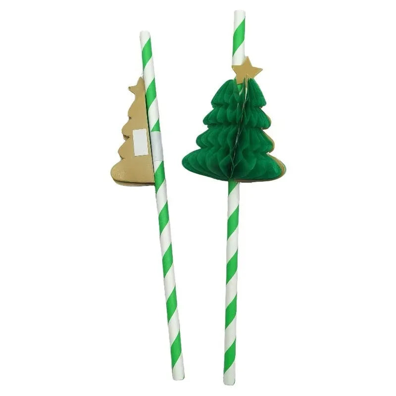 Pack of 50 paper honeycomb Christmas tree straws, each 6x197mm, with three-dimensional tree design for festive drinks