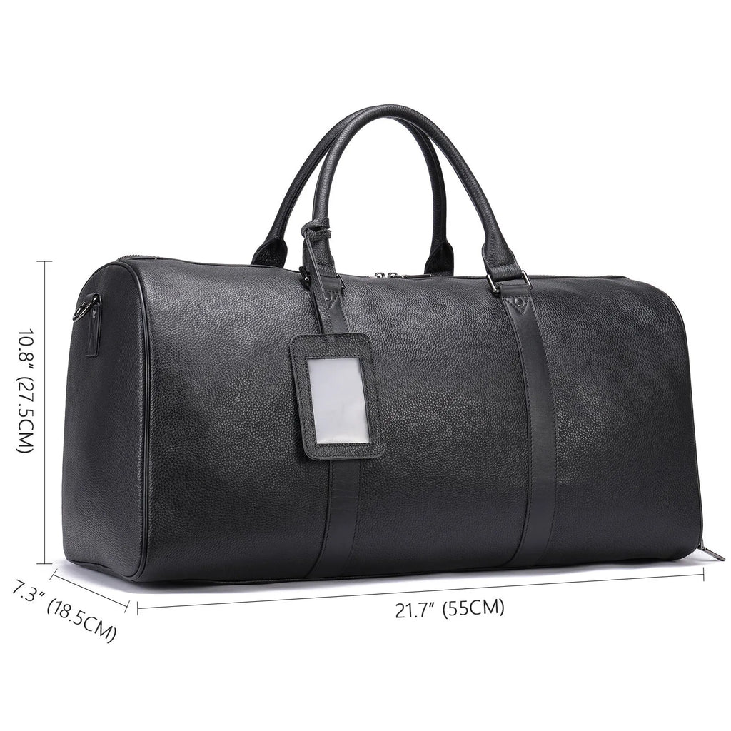 Men's black leather excursion bag with single strap, large capacity below 20L