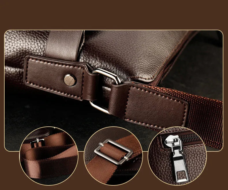 Men's fashion PU leather messenger bag with zipper closure in black, solid pattern, interior phone pocket