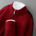 A plus-size slim-fit sheep wool sweater with a half zip and round neck, shown in Raw Velvet Camel colour.