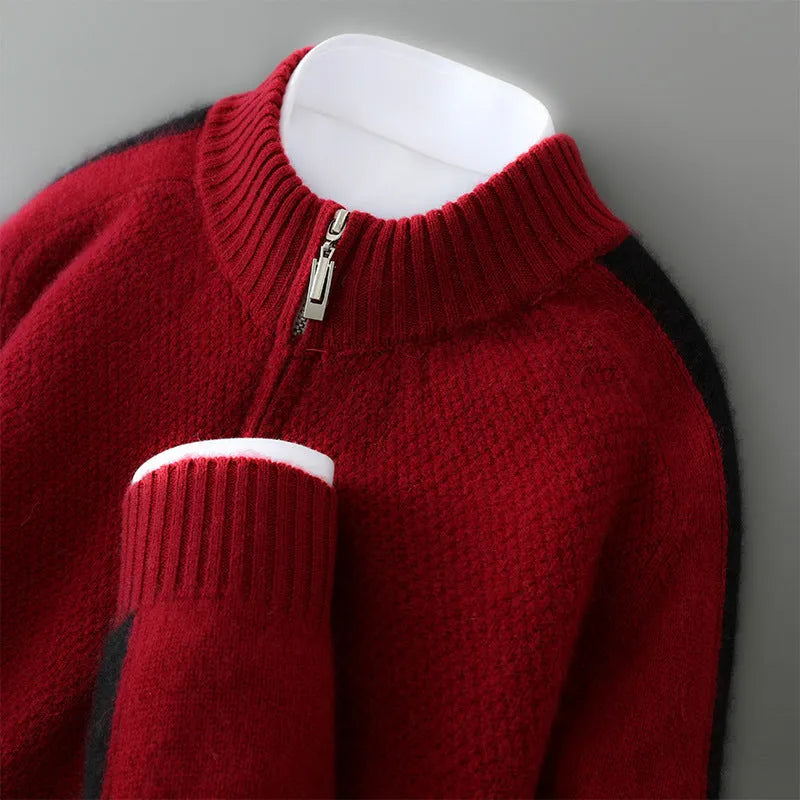 A plus-size slim-fit sheep wool sweater with a half zip and round neck, shown in Raw Velvet Camel colour.