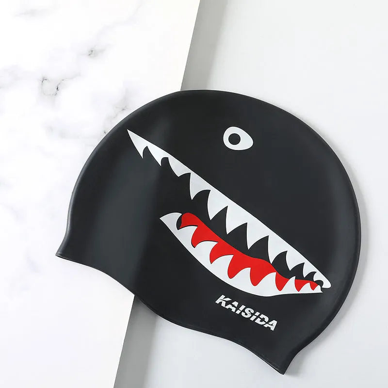 Large silicone swimming cap in shark black with printed design for unisex use