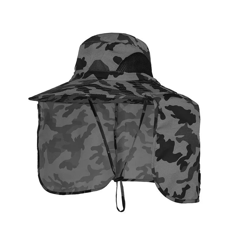 Nylon fisherman hat with neck sun protection flap in camouflage pattern