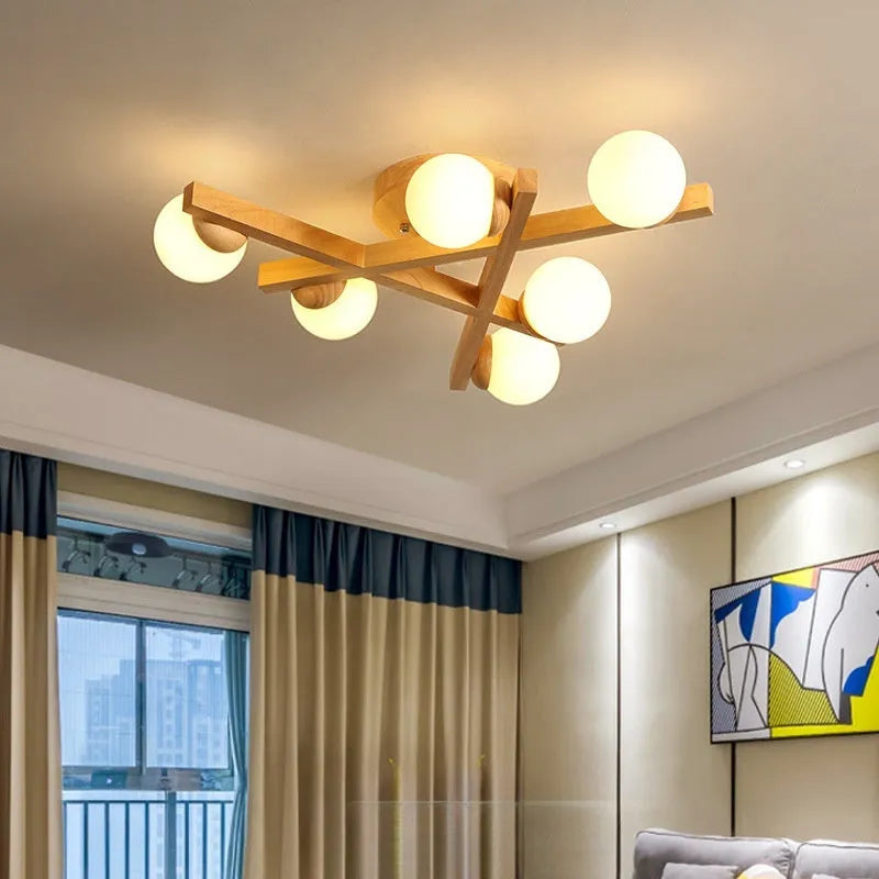 Modern Nordic style ceiling light with wooden accents and a dimmable three-colour LED light source for the living room.