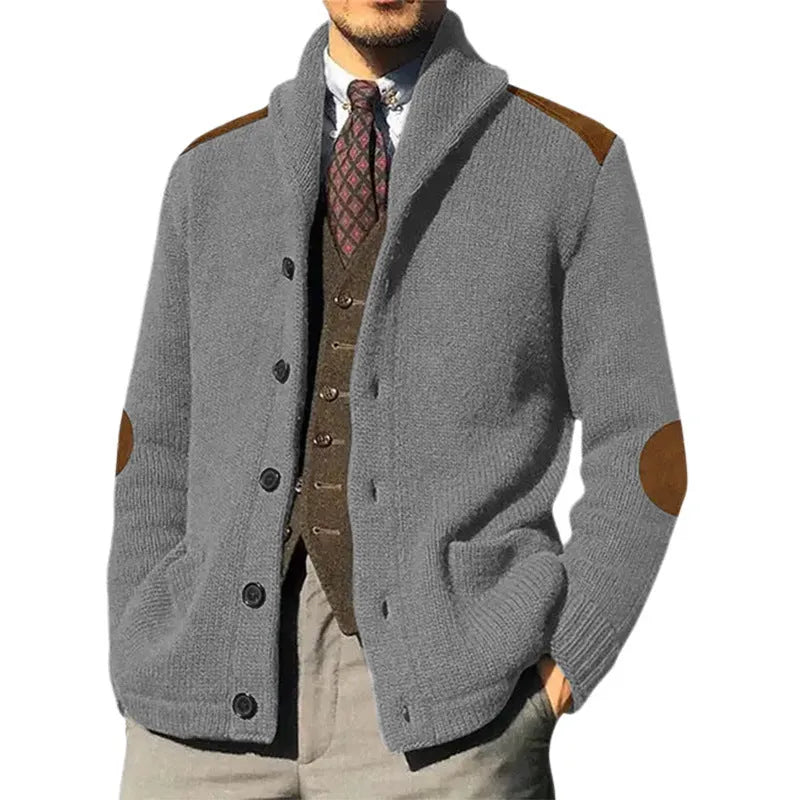 Patchwork lapel long sleeve knitted cardigan in army green, slim fit, front view