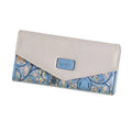 Women's large black trifold leather wallet with a buckle closure shown open and closed