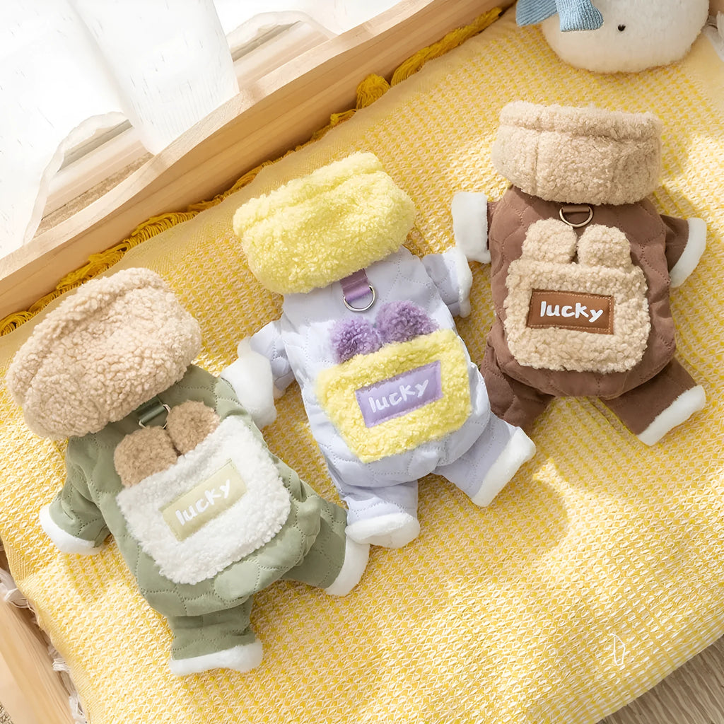 Thick quilted pet dog coat in brown with four-leg coverage and 3D bear ears