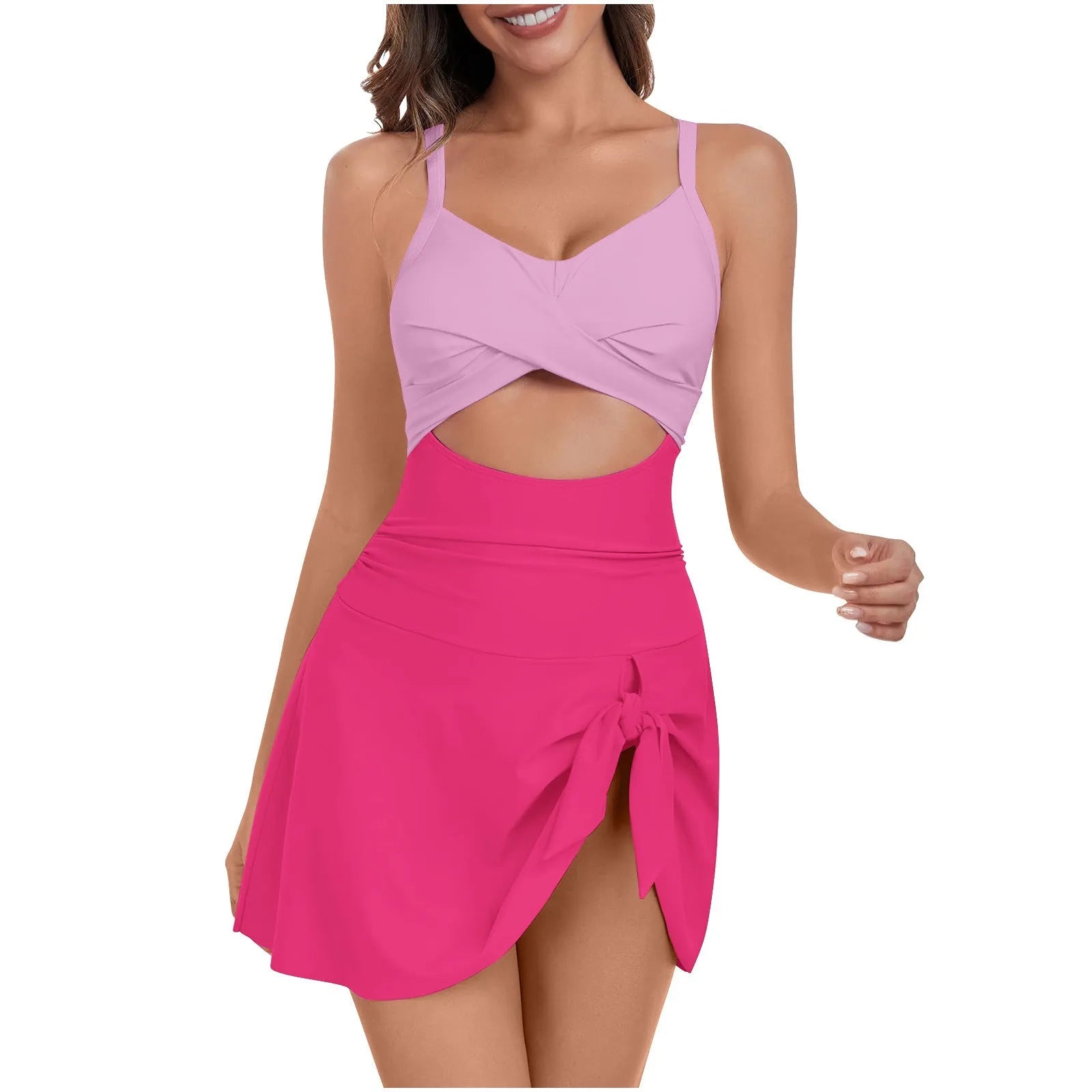 Women's one-piece strap swimsuit in striped grey blue, pink rose red, or white and black.