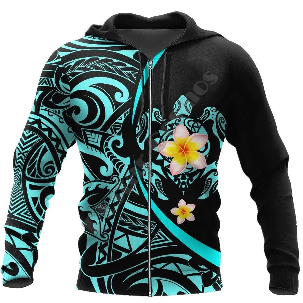 Printed hoodie with 3D turtle print and full zipper, loose fit, available in multiple sizes