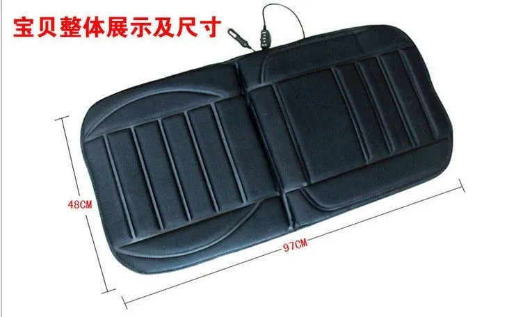 Black 12V car heating cushion with Hi/Lo control, elastic straps, 97x47x1cm, for car and RV seats