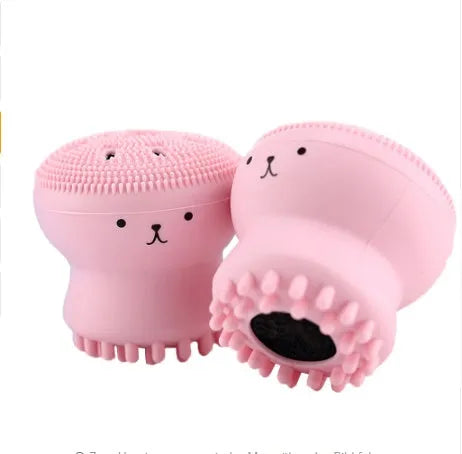 Cartoon octopus silicone foaming facial cleansing brush in pink for manual massage