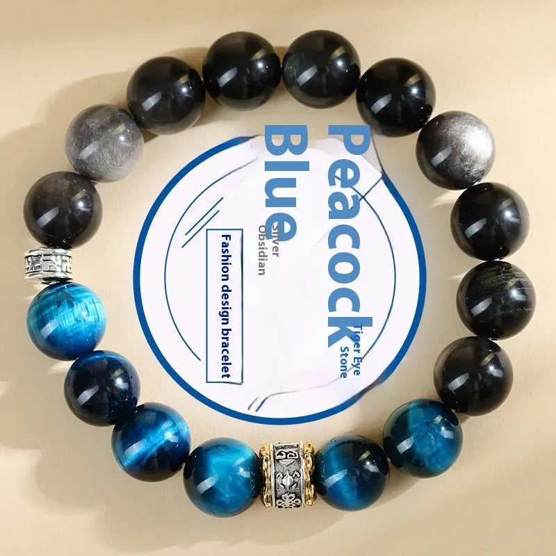 Handmade peacock blue tigereye stone bracelet with geometric design and silver accents
