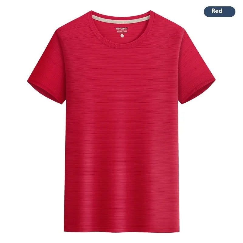 Crystal silk round neck quick-drying T-shirt in a solid colour on a hanger.
