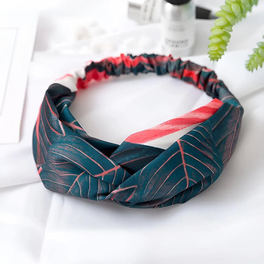 Red cloth headband with banana leaf cross design, elasticated hairband for women