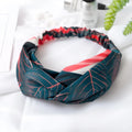 Red cloth headband with banana leaf cross design, elasticated hairband for women