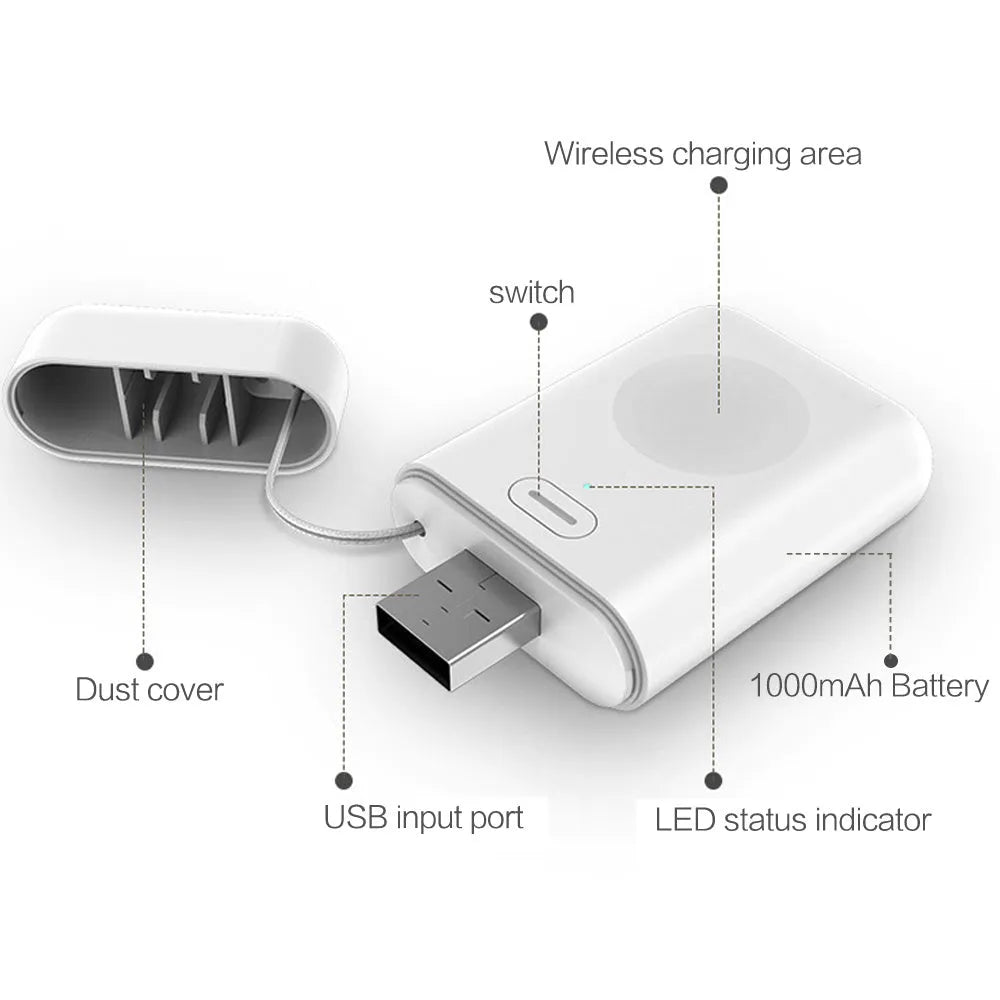 White 1000mAh wireless magnetic portable charger for Apple Watch next to an Apple Watch
