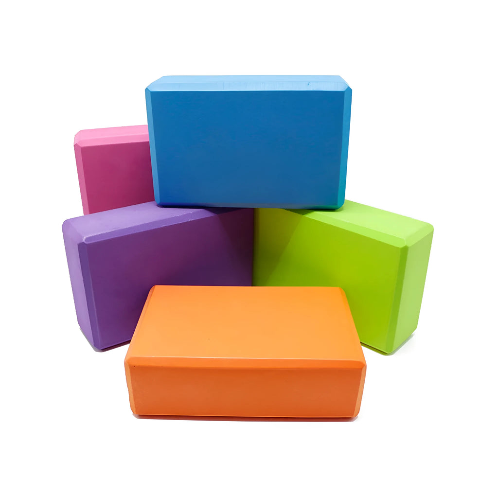 Eco-friendly EVA yoga brick 23 x 15 x 7.5 cm, 200 g, available in black, red, blue, green, pink, and purple.