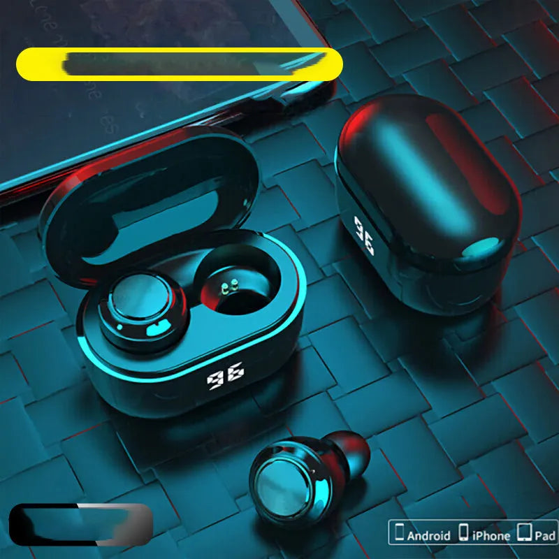 Black in-ear stereo Bluetooth wireless headset with silicone ear tips displayed on a dark background.