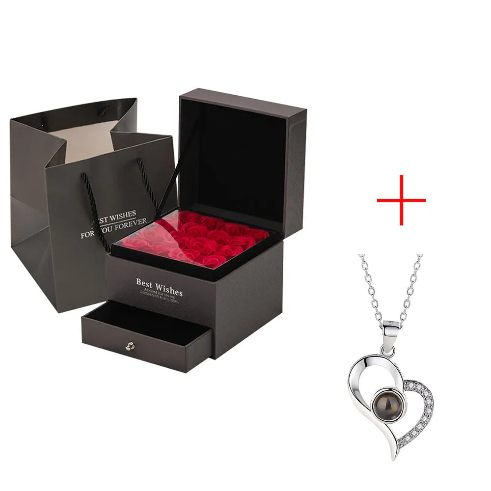 Double-layer silver-plated rose gift box with nine foam latex roses and drawer for jewellery storage