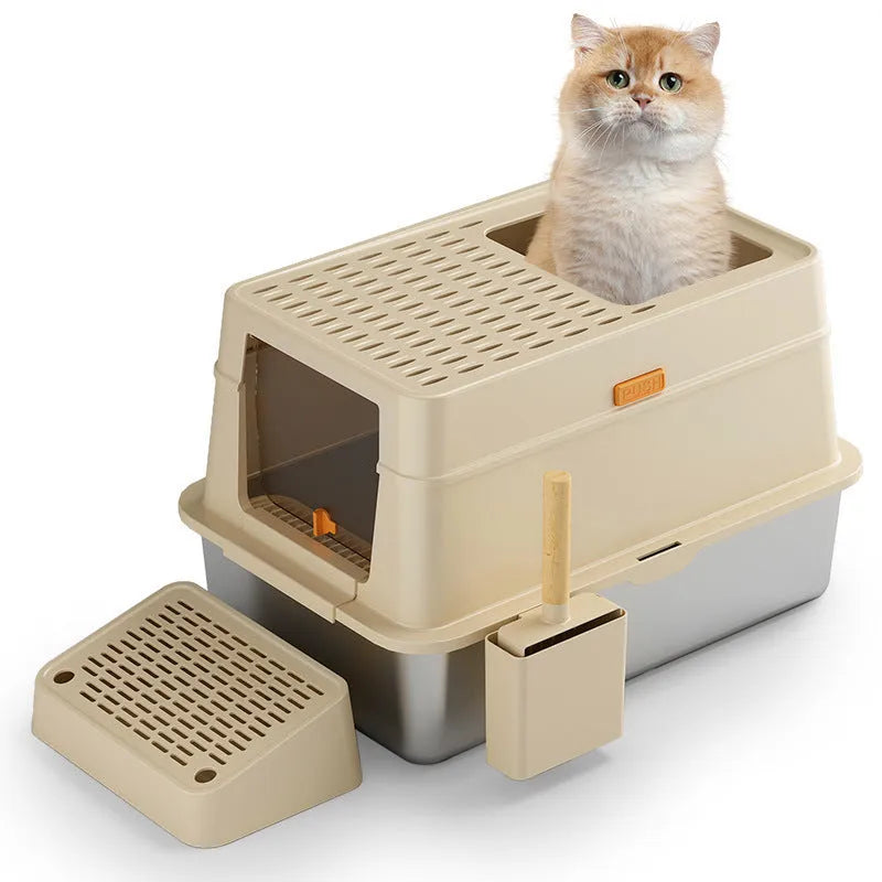 Grey enclosed cat litter box with stainless steel frame and pedal-operated lid