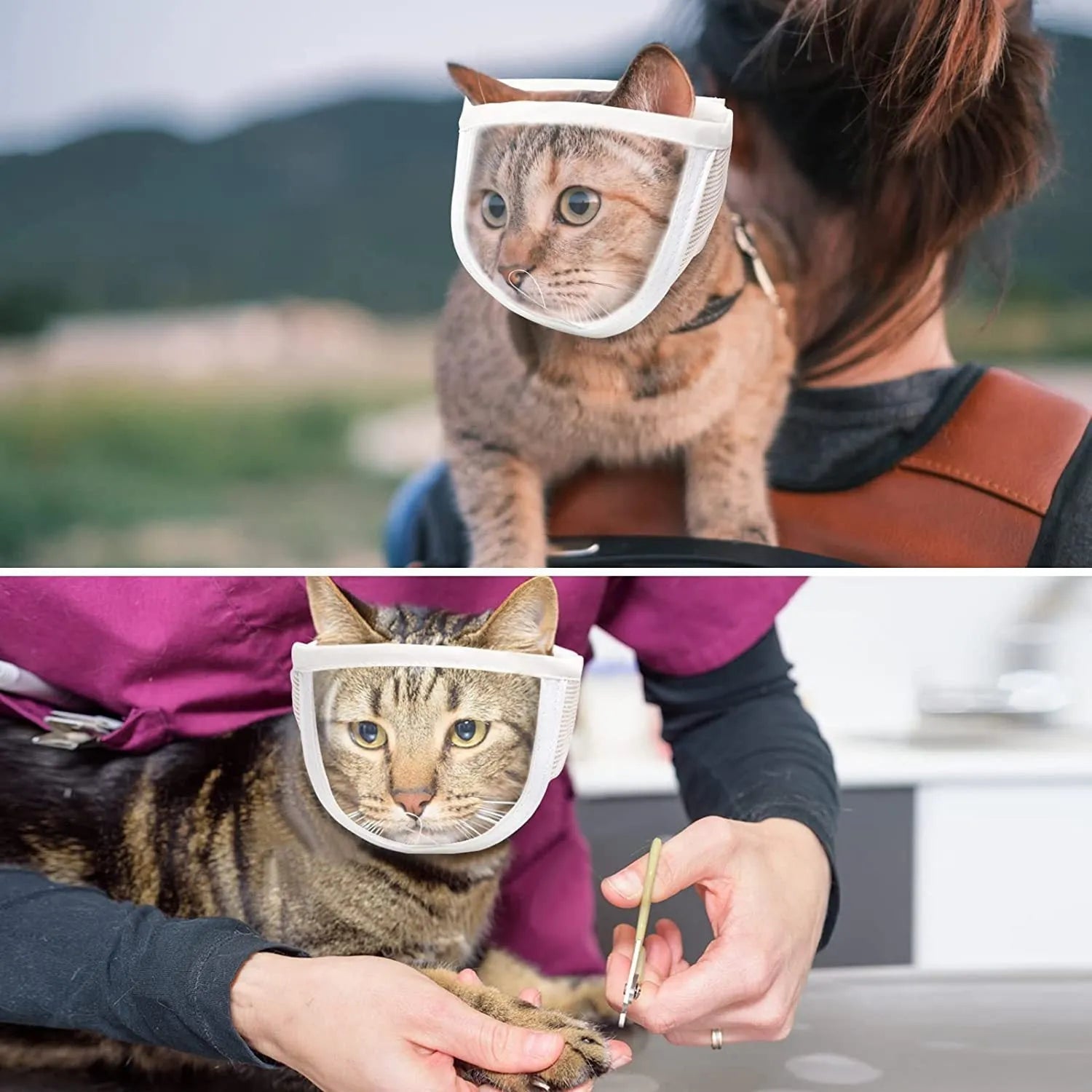 Clear transparent PVC cat muzzle with cotton lining and central breathing hole