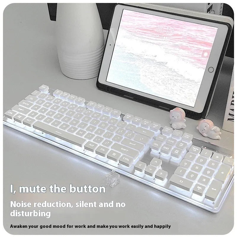 Wired quiet mechanical keyboard with backlit keys in various colour options on a desk