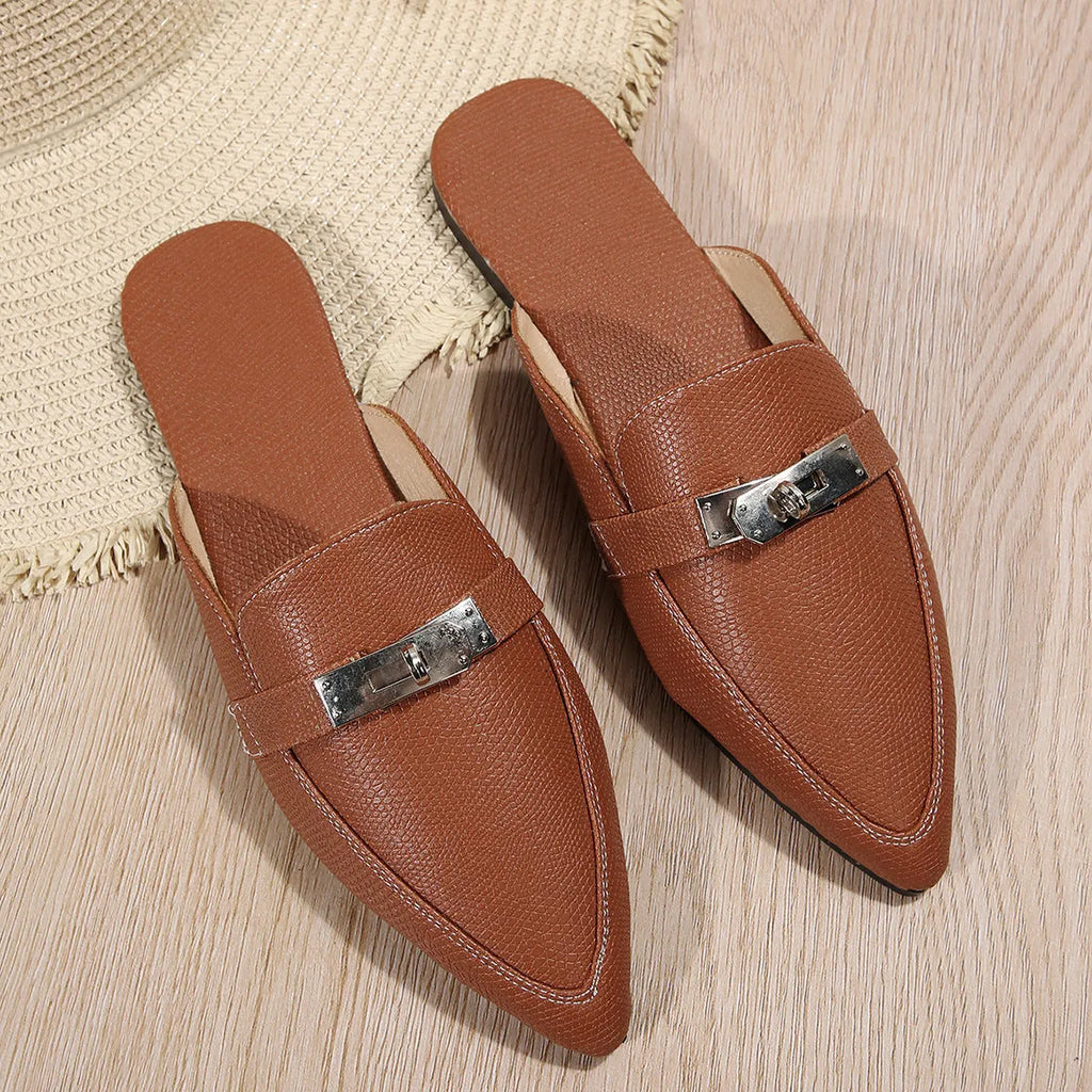 Light brown women's pointed-toe leisure semi-slippers with low heel and rubber sole