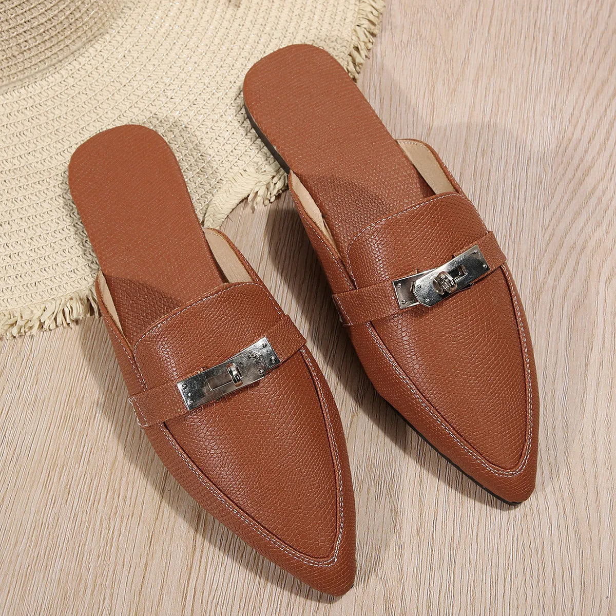 Light brown women's pointed-toe leisure semi-slippers with low heel and rubber sole