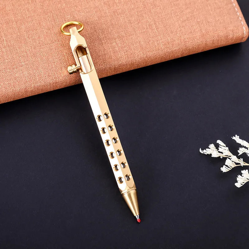 Solid brass hexagonal bolt roller pen with a 0.5mm tip shown in natural brass colour.