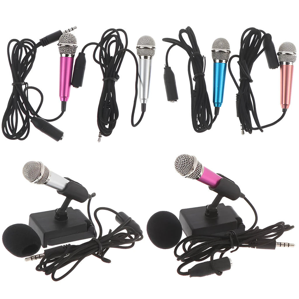 Portable 3.5mm mini karaoke microphone in rose gold with sponge head and stand on a table