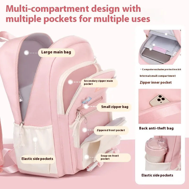 Girls waterproof school backpack in pink colour with curved shoulder straps and spine protection features