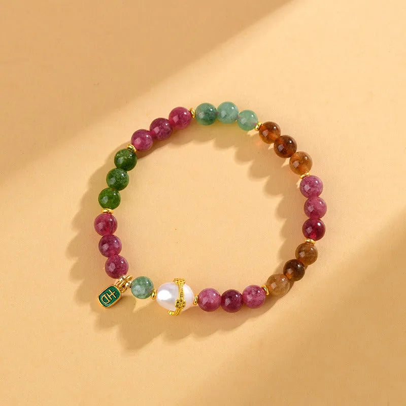Geometric chalcedony bracelet with tourmaline accents, 6.5mm bead diameter, unisex natural crystal jewellery