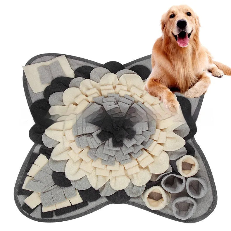 Flower Gray Series plush sniffing mat for dogs and cats with hidden treat pockets in gray pentagram pattern