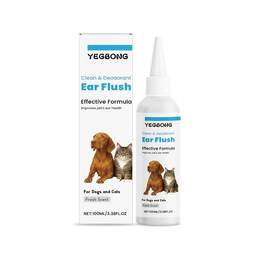 100ml bottle of dogs and cats ear cleaner solution with applicator nozzle for gentle pet ear wax removal.